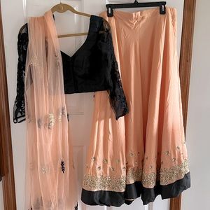 Peach, Black, and Gold Wedding Guest Party Indian Lehenga Dress